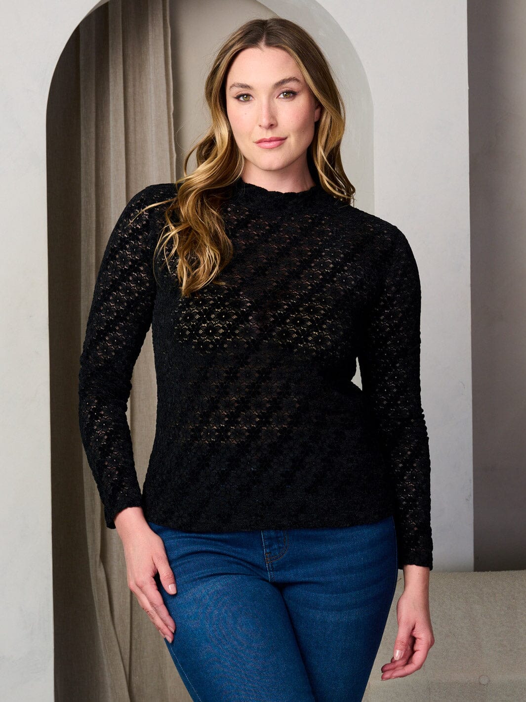 PLUS SIZE LONG SLEEVE MOCK NECK FLORAL LACE BLOUSE TOP