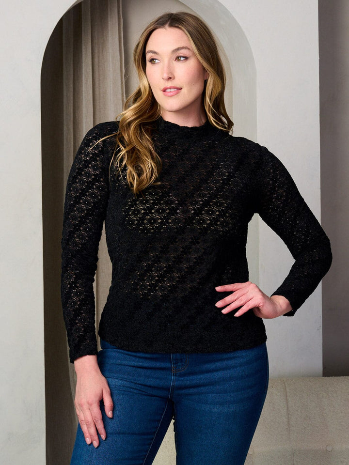 PLUS SIZE LONG SLEEVE MOCK NECK FLORAL LACE BLOUSE TOP