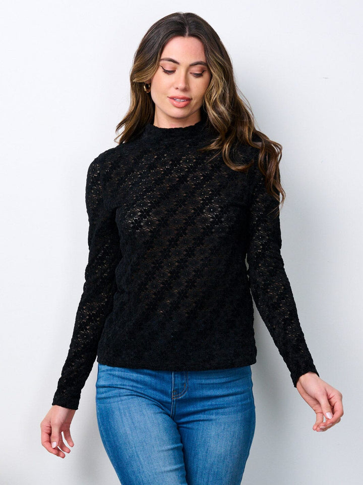 WOMEN'S LONG SLEEVE MOCK NECK FLORAL LACE BLOUSE TOP