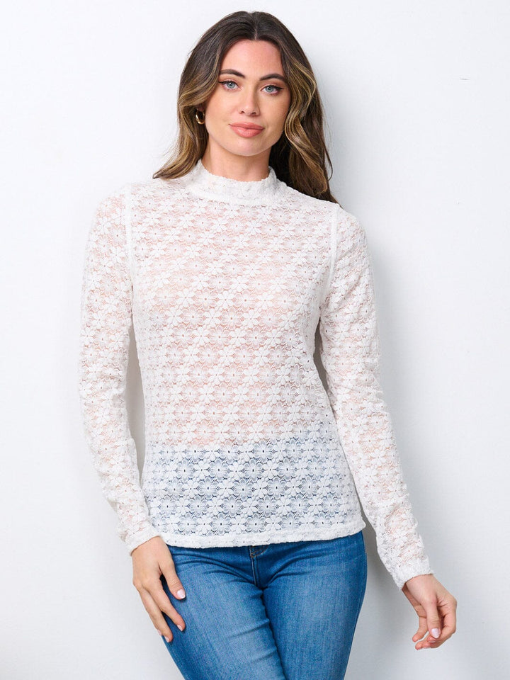 WOMEN'S LONG SLEEVE MOCK NECK FLORAL LACE BLOUSE TOP
