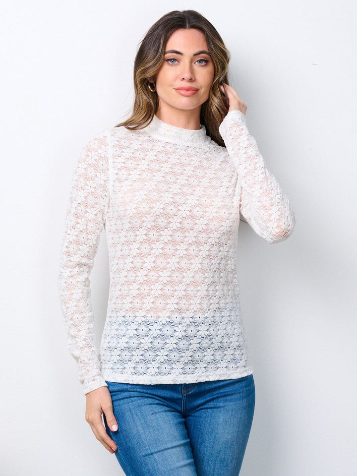 WOMEN'S LONG SLEEVE MOCK NECK FLORAL LACE BLOUSE TOP