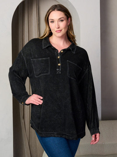 PLUS SIZE LONG SLEEVE BUTTONS DETAILED OVERSIZED TUNIC TOP