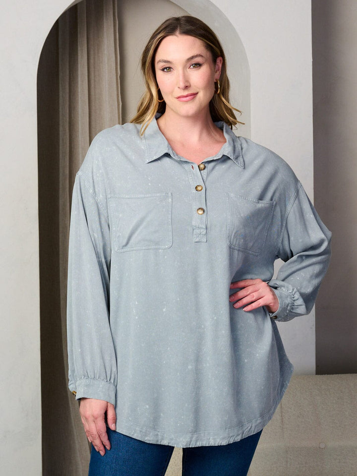 PLUS SIZE LONG SLEEVE BUTTONS DETAILED OVERSIZED TUNIC TOP