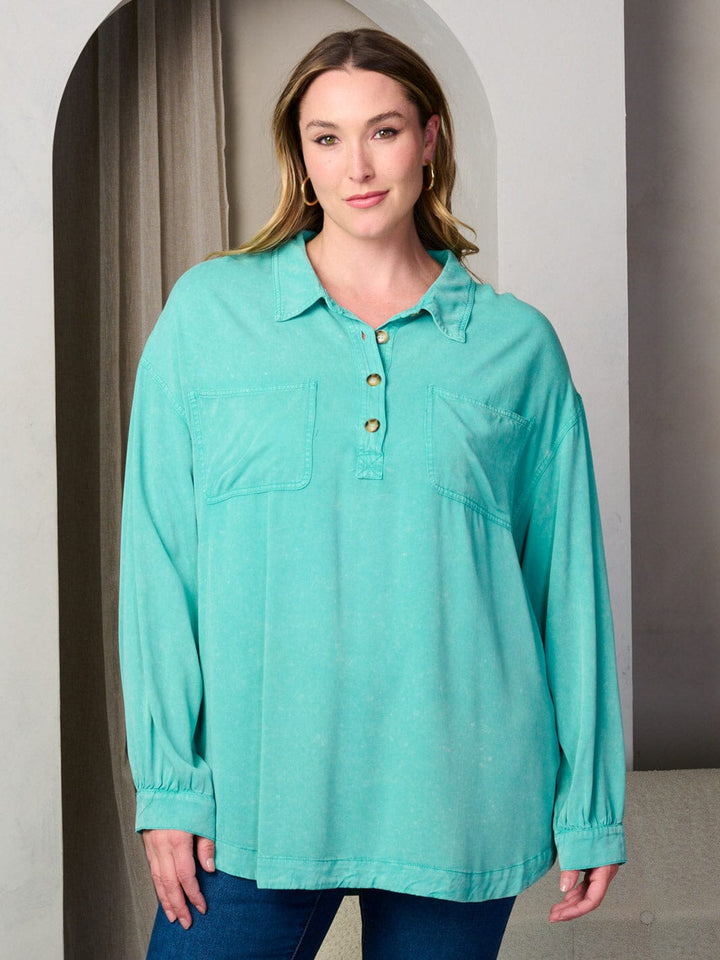 PLUS SIZE LONG SLEEVE BUTTONS DETAILED OVERSIZED TUNIC TOP
