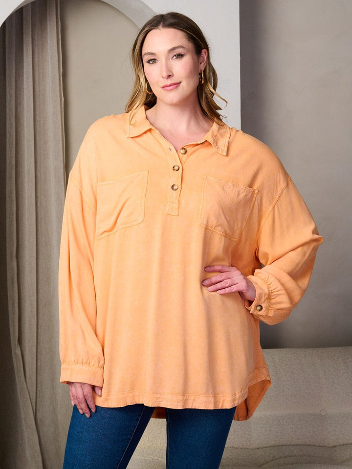 PLUS SIZE LONG SLEEVE BUTTONS DETAILED OVERSIZED TUNIC TOP