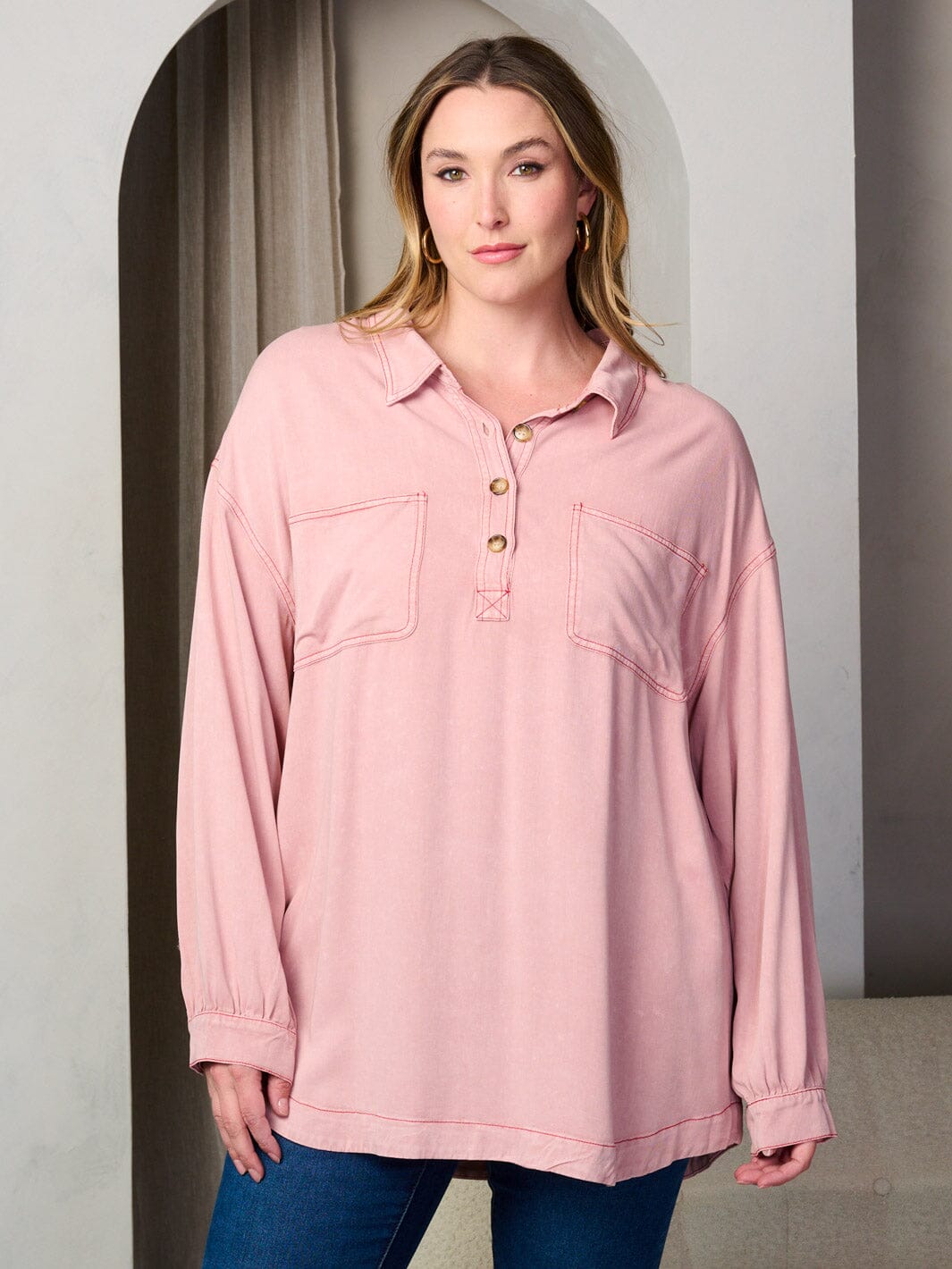 PLUS SIZE LONG SLEEVE BUTTONS DETAILED OVERSIZED TUNIC TOP