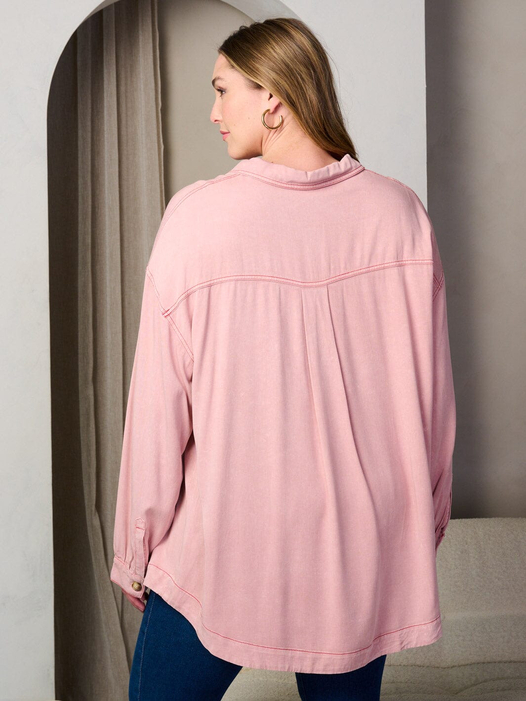 PLUS SIZE LONG SLEEVE BUTTONS DETAILED OVERSIZED TUNIC TOP