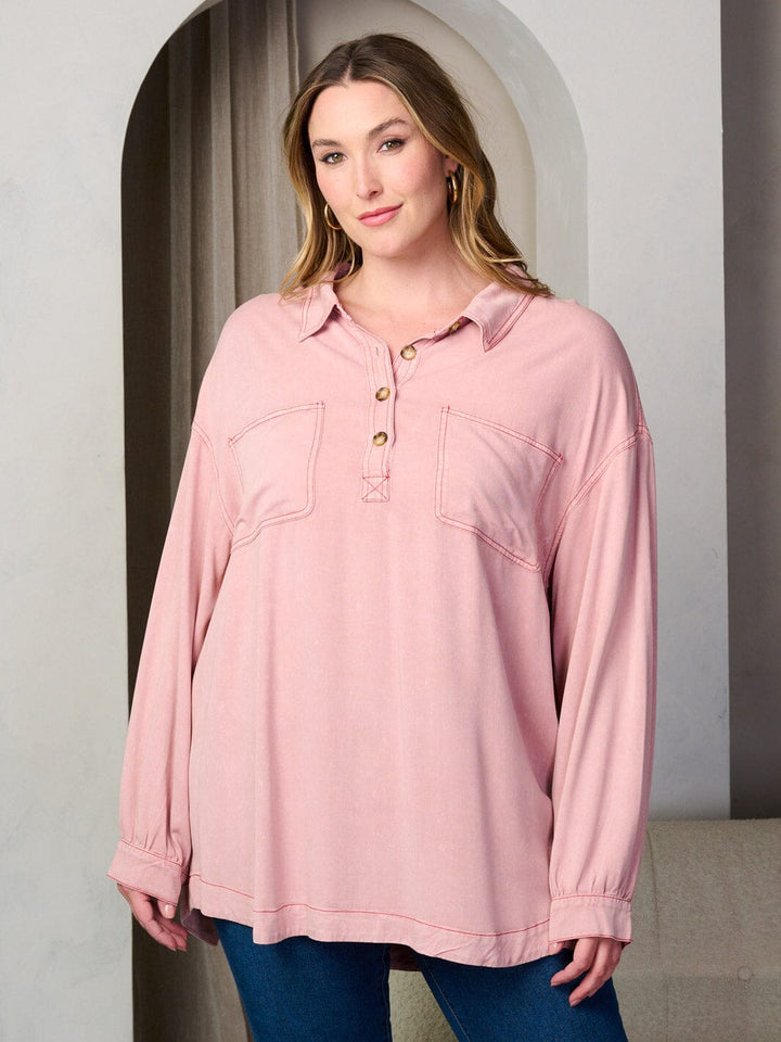 PLUS SIZE LONG SLEEVE BUTTONS DETAILED OVERSIZED TUNIC TOP