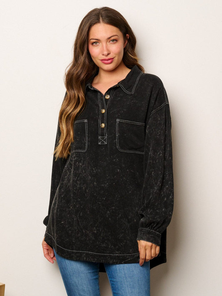 WOMEN'S LONG SLEEVE BUTTONS DETAILED OVERSIZED TUNIC TOP