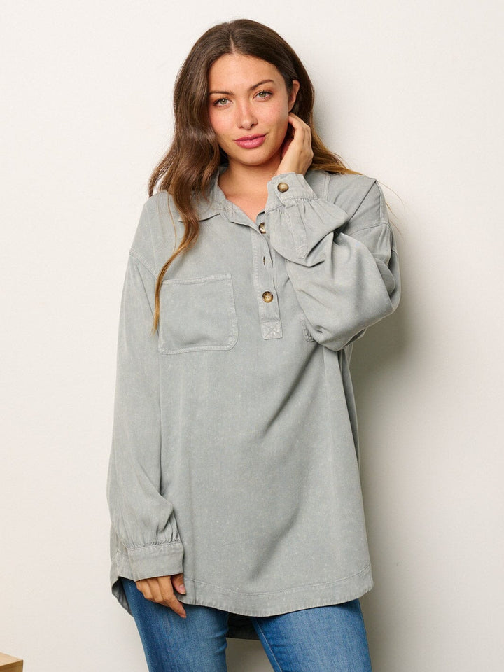WOMEN'S LONG SLEEVE BUTTONS DETAILED OVERSIZED TUNIC TOP