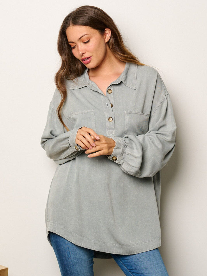 WOMEN'S LONG SLEEVE BUTTONS DETAILED OVERSIZED TUNIC TOP