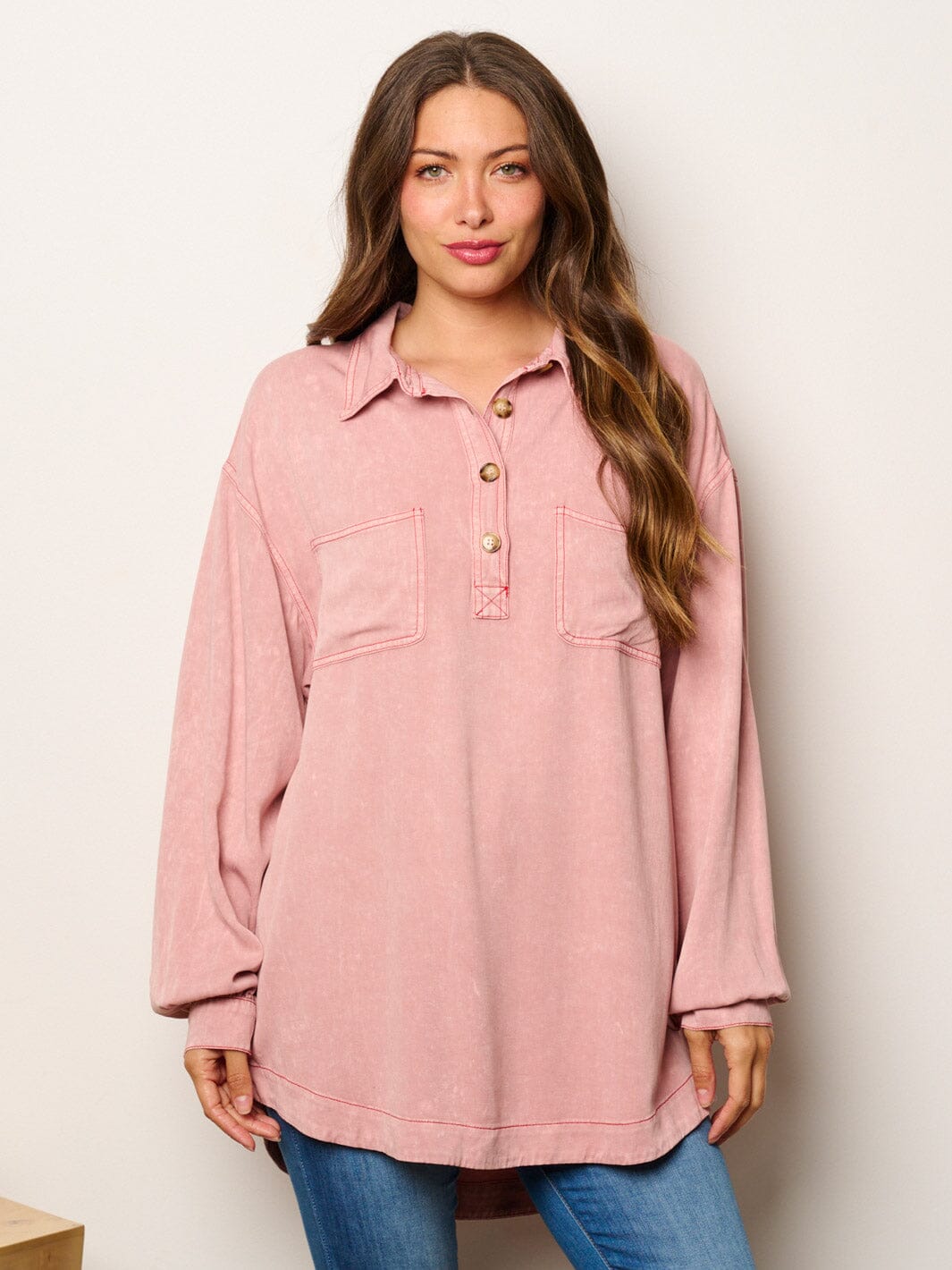 WOMEN'S LONG SLEEVE BUTTONS DETAILED OVERSIZED TUNIC TOP