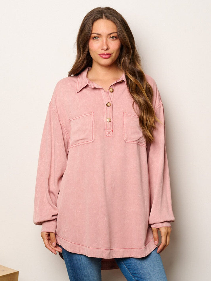 WOMEN'S LONG SLEEVE BUTTONS DETAILED OVERSIZED TUNIC TOP