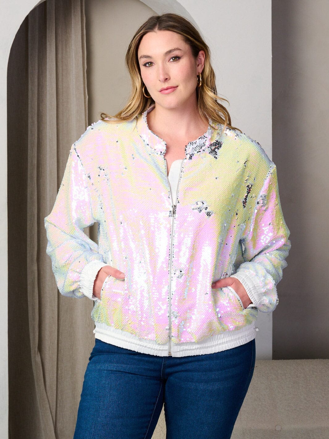 PLUS SIZE LONG SLEEVE POCKETS ZIP UP SEQUINS JACKET