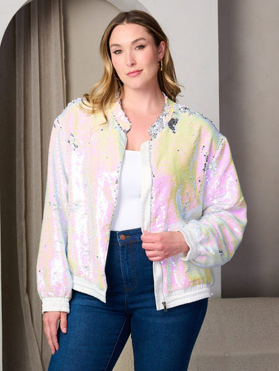 PLUS SIZE LONG SLEEVE POCKETS ZIP UP SEQUINS JACKET