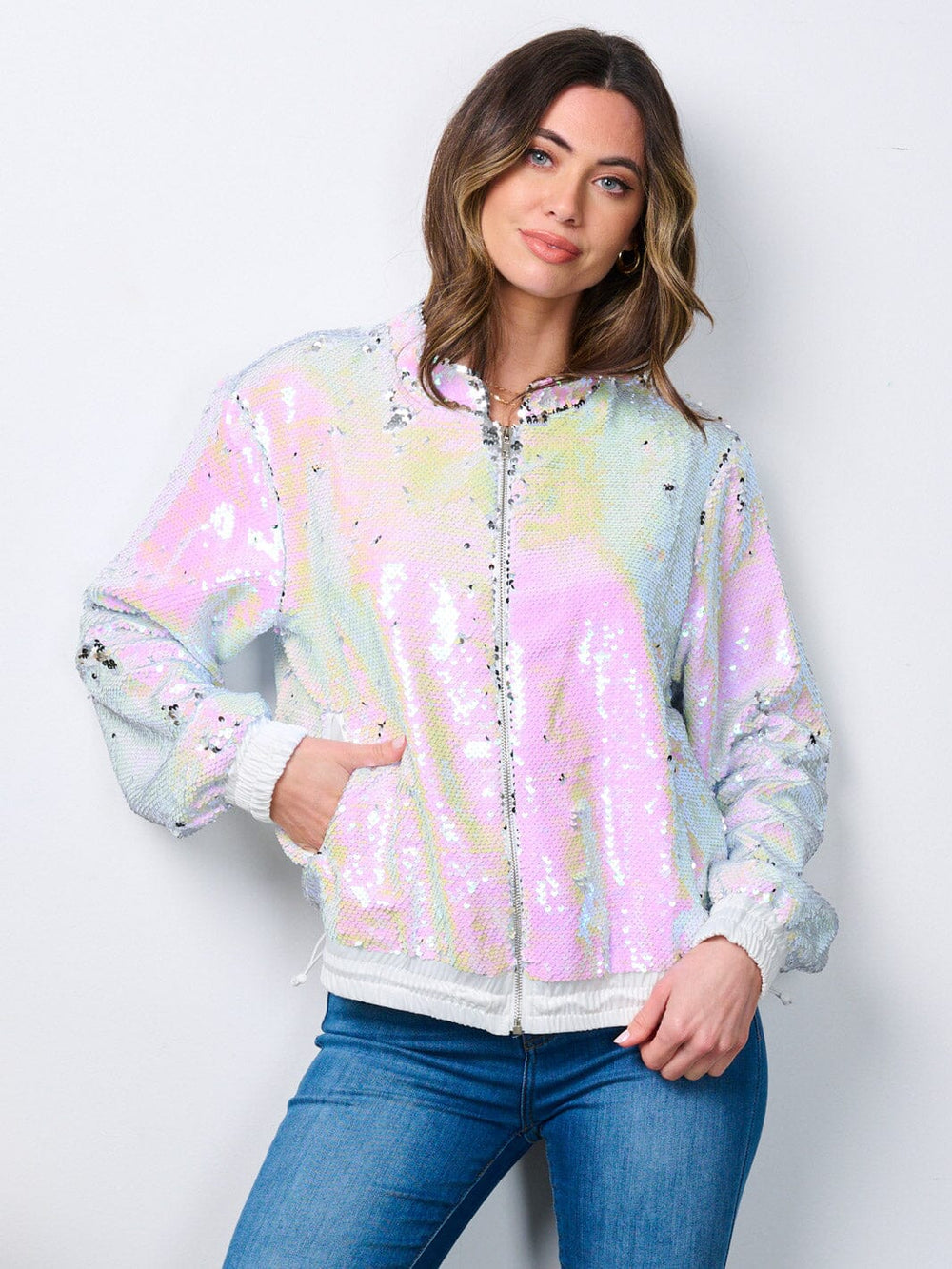 WOMEN'S LONG SLEEVE POCKETS ZIP UP SEQUINS JACKET