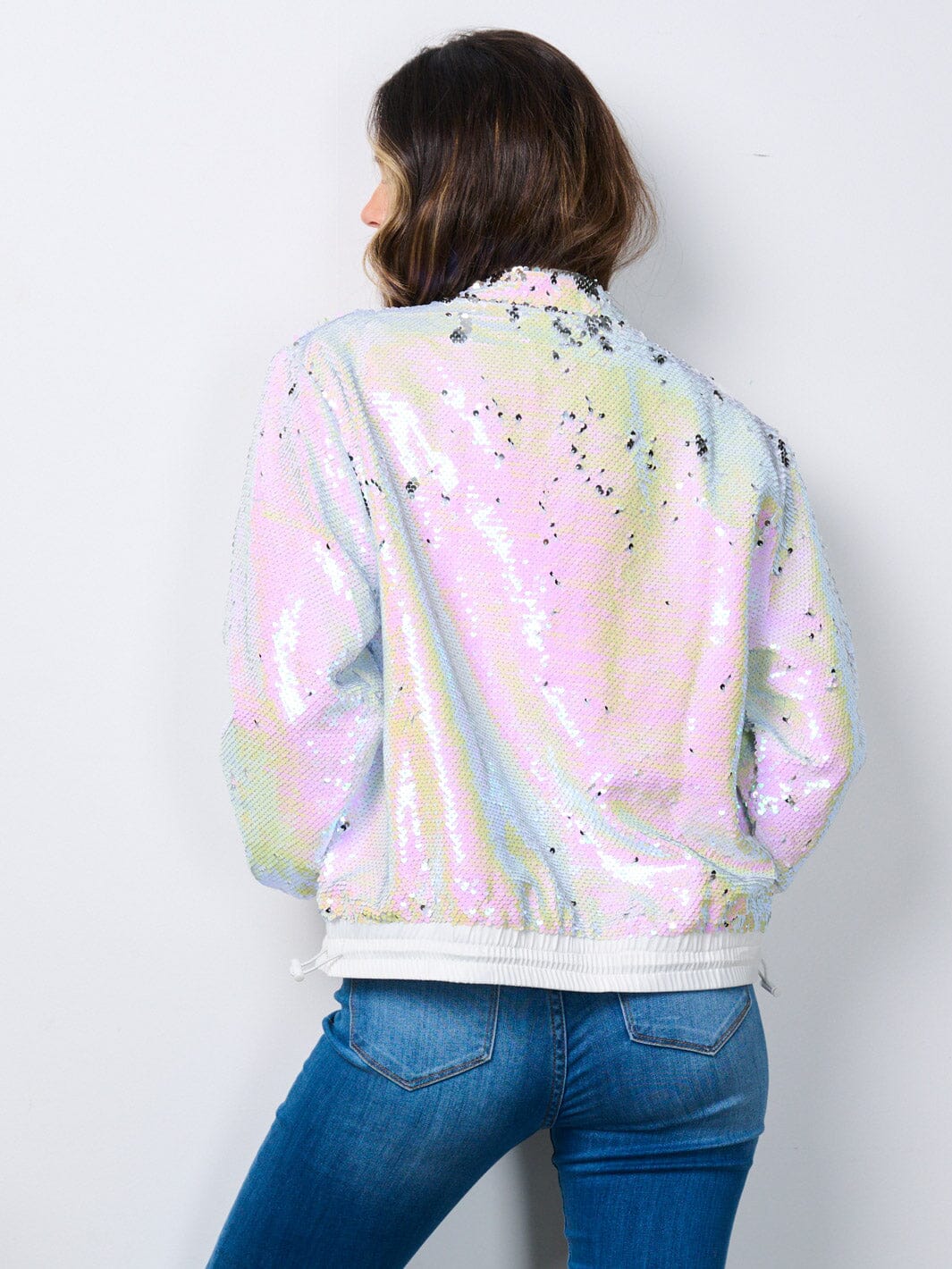 WOMEN'S LONG SLEEVE POCKETS ZIP UP SEQUINS JACKET