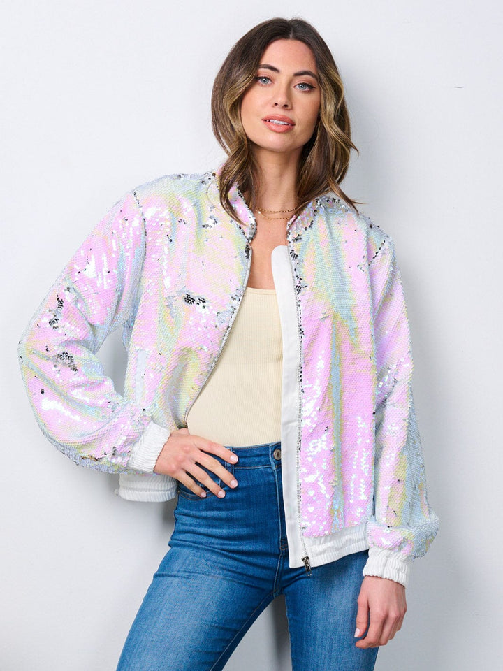 WOMEN'S LONG SLEEVE POCKETS ZIP UP SEQUINS JACKET