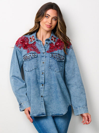 WOMEN'S LONG SLEEVE BUTTON UP FLORAL EMBROIDERY STUDS DETAILED DENIM TOP