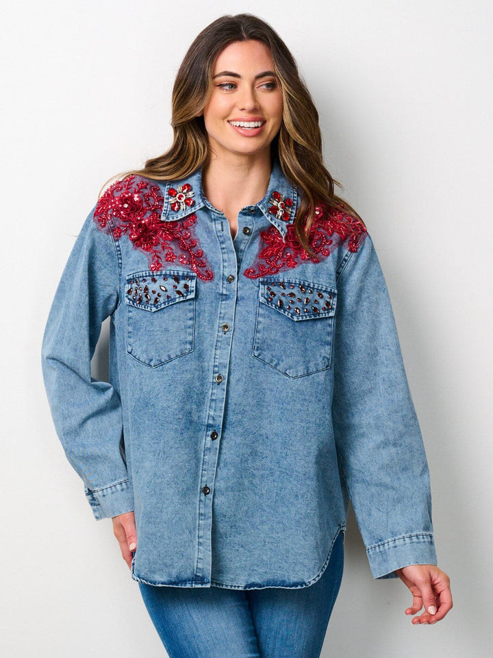 WOMEN'S LONG SLEEVE BUTTON UP FLORAL EMBROIDERY STUDS DETAILED DENIM TOP