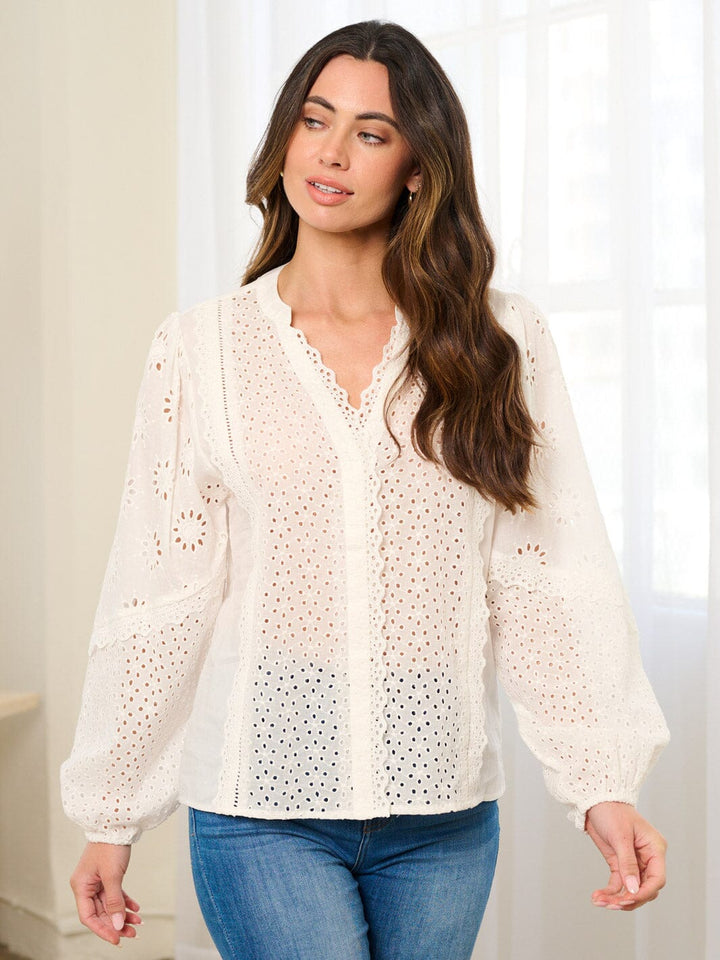 WOMEN'S LONG SLEEVE V-NECK EYELET DETAILED BLOUSE TOP