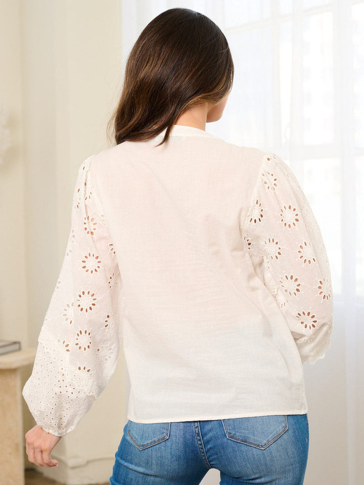 WOMEN'S LONG SLEEVE V-NECK EYELET DETAILED BLOUSE TOP