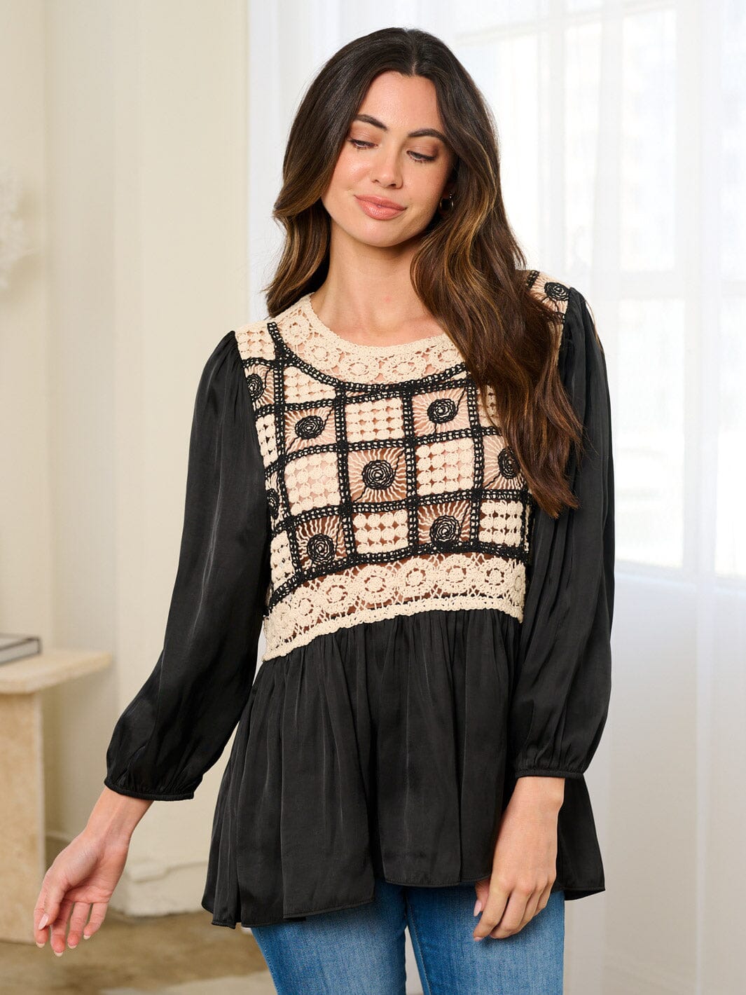 WOMEN'S LONG SLEEVE CROCHET TUNIC BLOUSE TOP