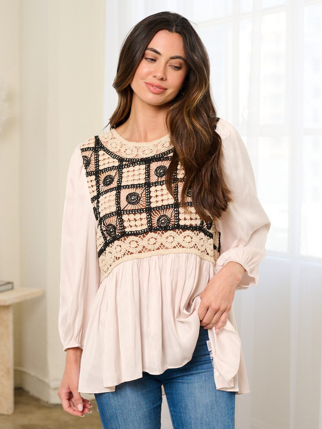 WOMEN'S LONG SLEEVE CROCHET TUNIC BLOUSE TOP