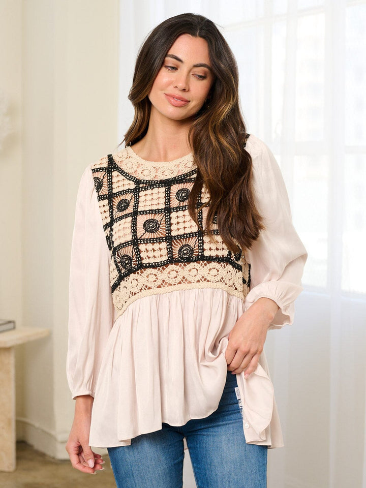WOMEN'S LONG SLEEVE CROCHET TUNIC BLOUSE TOP