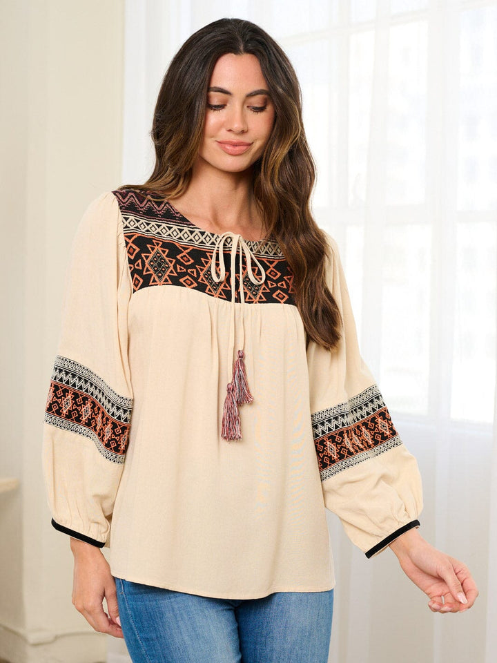 WOMEN'S LONG SLEEVE EMBROIDERY TASSEL TUNIC BLOUSE TOP