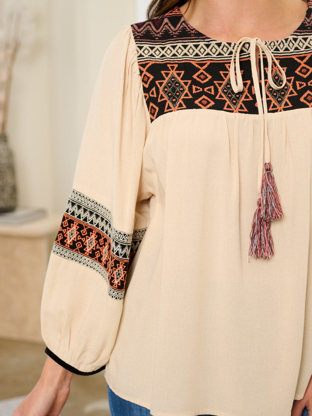 WOMEN'S LONG SLEEVE EMBROIDERY TASSEL TUNIC BLOUSE TOP