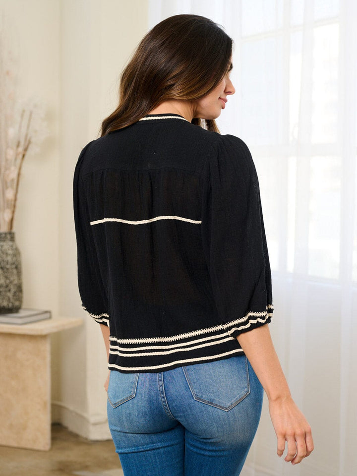 WOMEN'S 3/4 SLEEVE OPEN FRONT SELF TASSEL TIE TOP