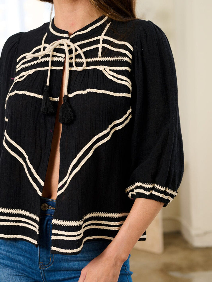 WOMEN'S 3/4 SLEEVE OPEN FRONT SELF TASSEL TIE TOP