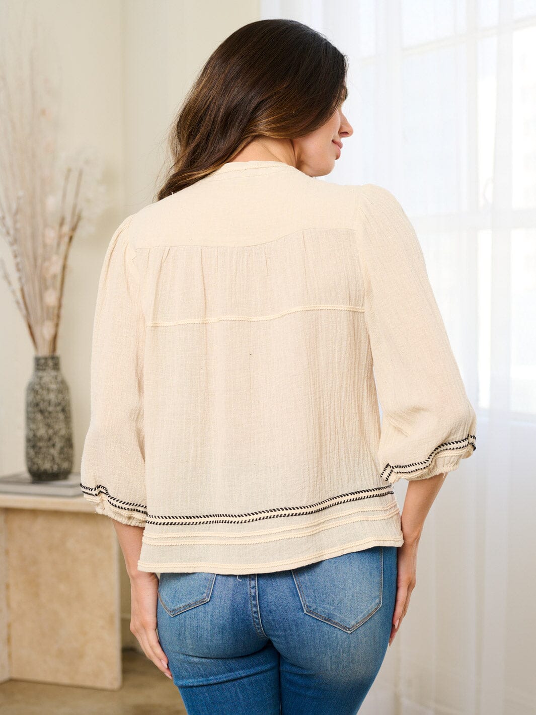 WOMEN'S 3/4 SLEEVE OPEN FRONT SELF TASSEL TIE TOP