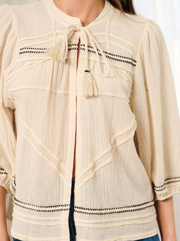 WOMEN'S 3/4 SLEEVE OPEN FRONT SELF TASSEL TIE TOP