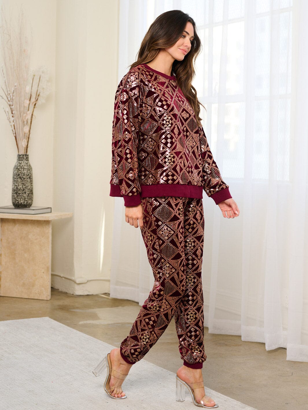 WOMEN'S ELASTIC WAIST POCKETS SEQUINS JOGGER PANTS