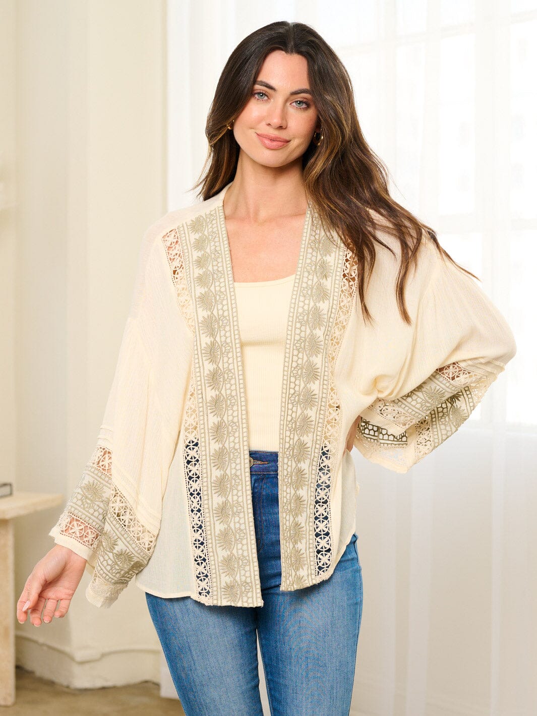 WOMEN'S LONG SLEEVE OPEN FRONT EMBROIDERY DETAILED CARDIGAN