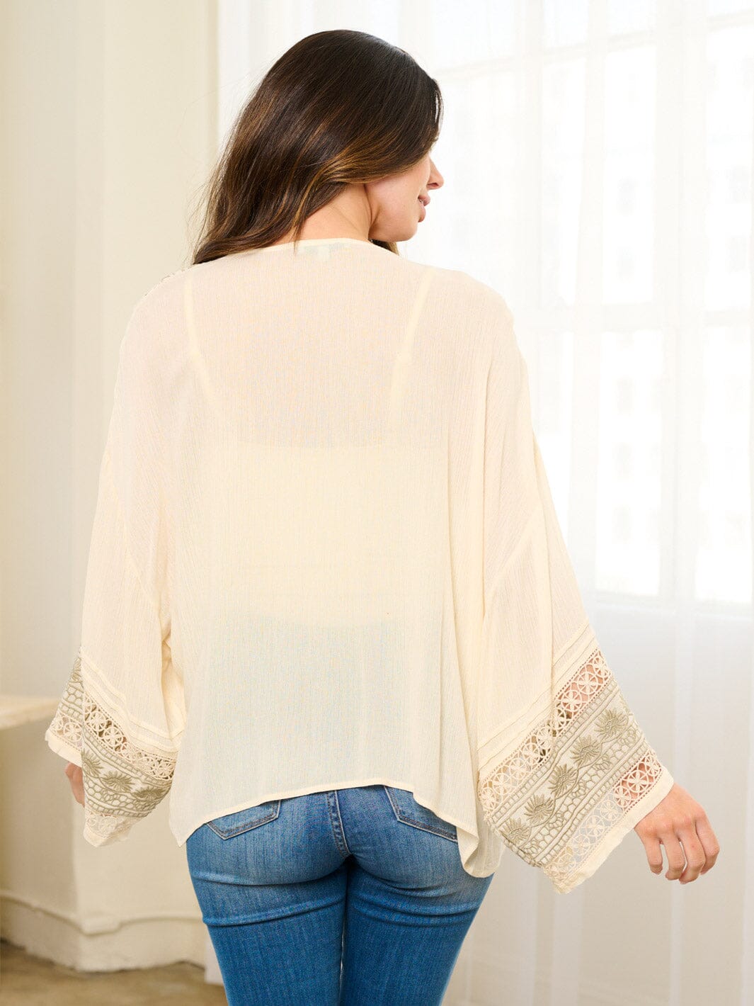 WOMEN'S LONG SLEEVE OPEN FRONT EMBROIDERY DETAILED CARDIGAN