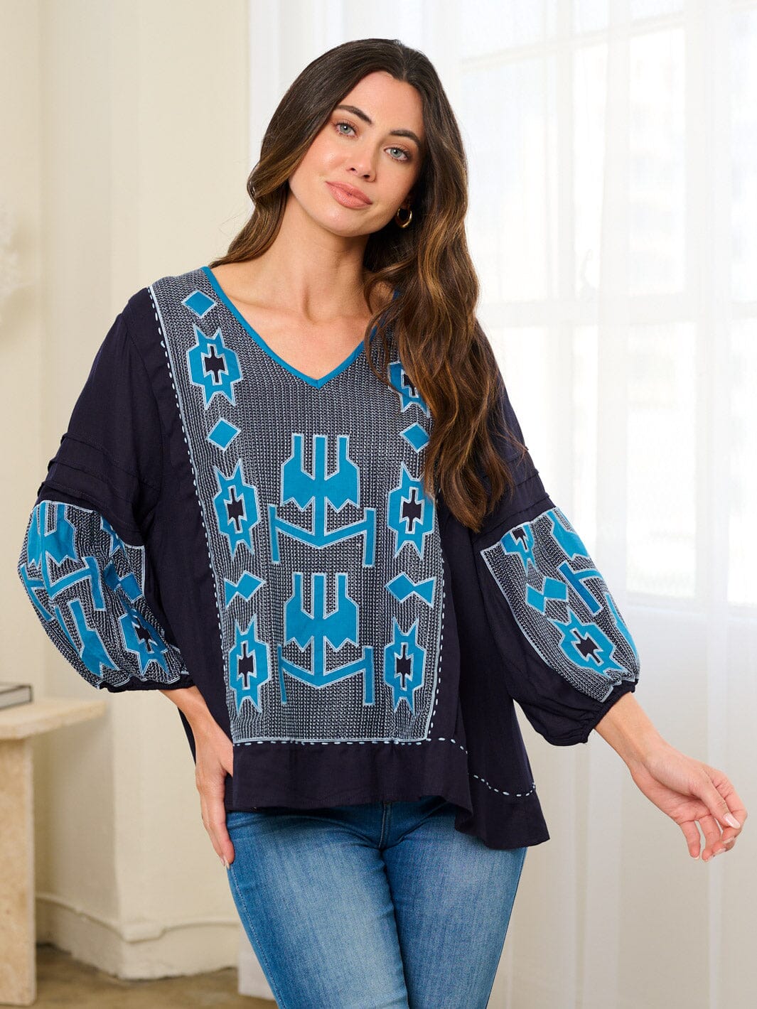 WOMEN'S LONG SLEEVE EMBROIDERY TUNIC BLOUSE TOP