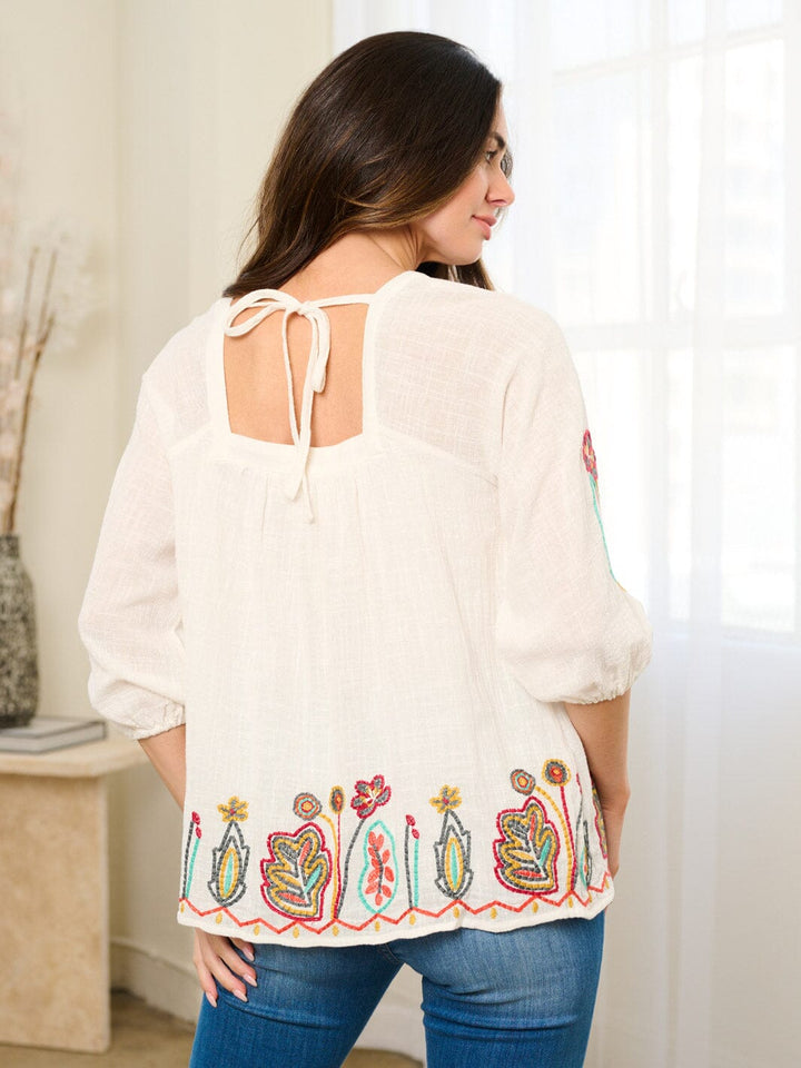 WOMEN'S 3/4 SLEEVE EMBROIDERY FLORAL TUNIC BLOUSE TOP