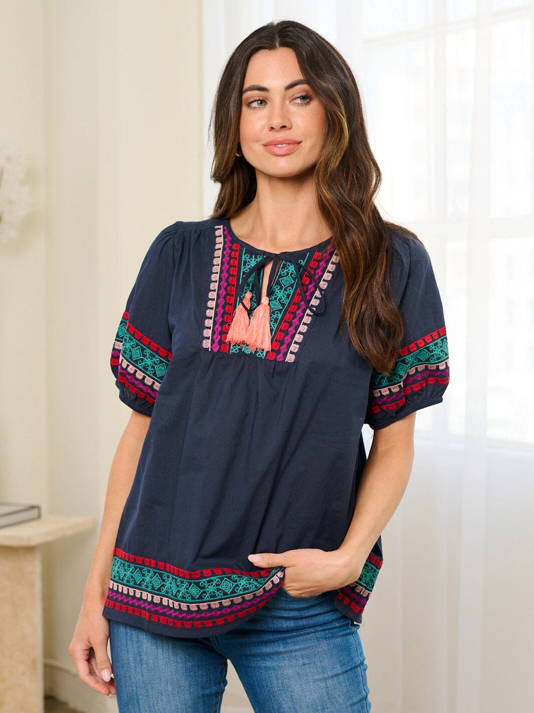 WOMEN'S SHORT SLEEVE EMBROIDERY TUNIC BLOUSE TOP