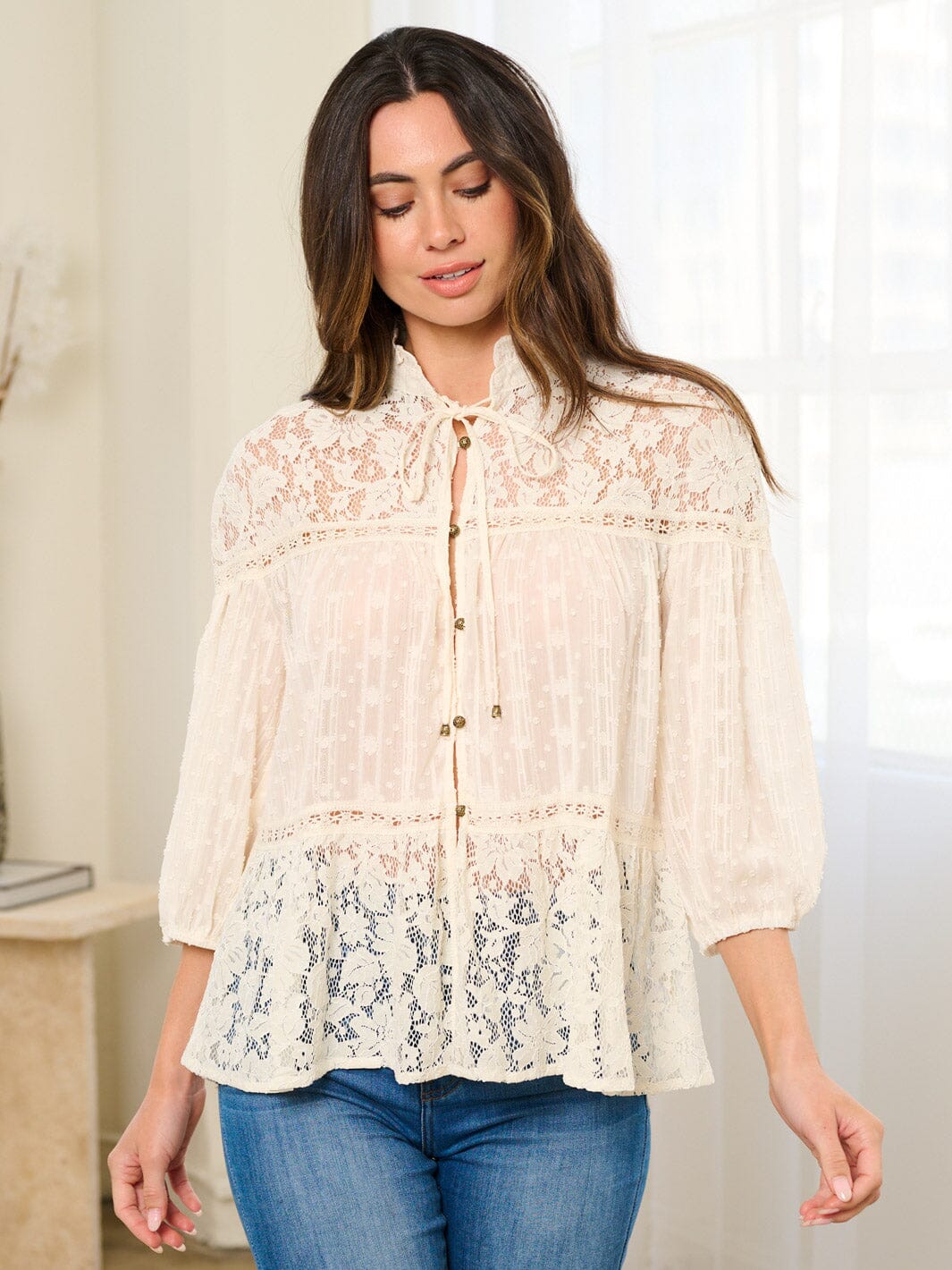 WOMEN'S 3/4 SLEEVE LACE SWISS DOTS BLOUSE TOP