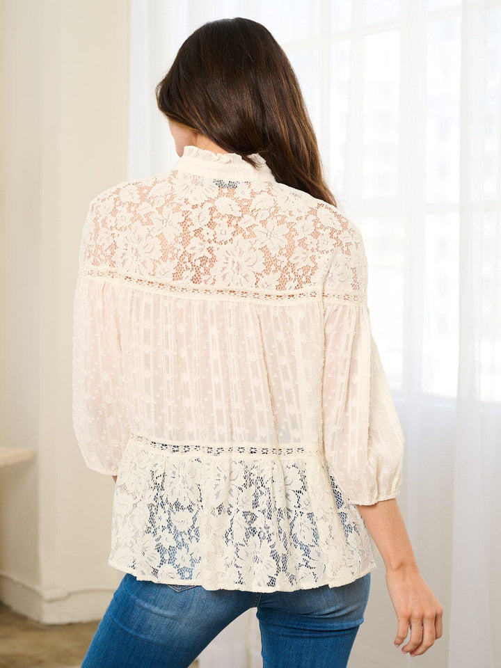 WOMEN'S 3/4 SLEEVE LACE SWISS DOTS BLOUSE TOP