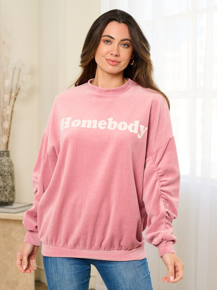 WOMEN'S LONG RUCHED SLEEVE PULLOVER GRAPHIC SWEATER