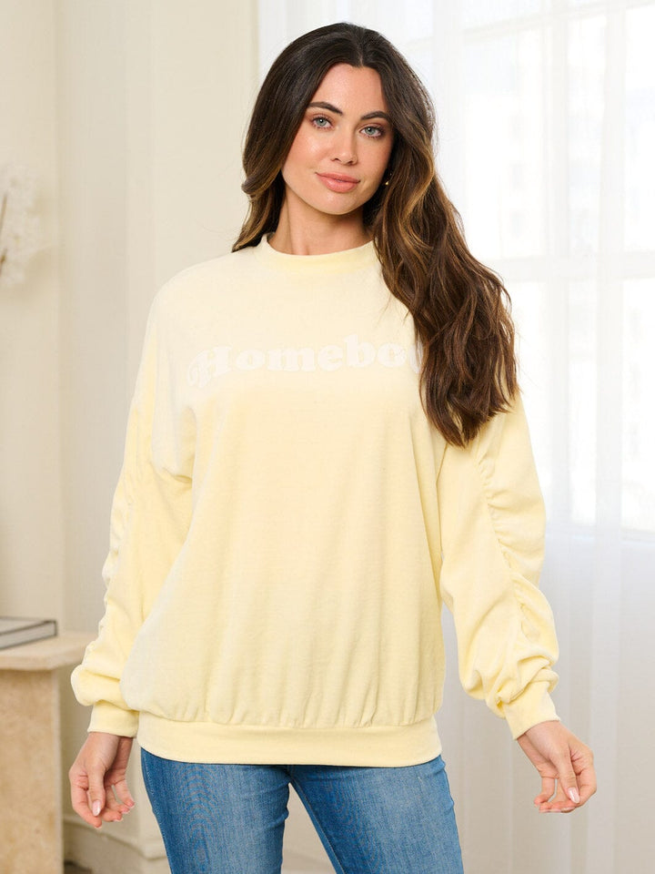 WOMEN'S LONG RUCHED SLEEVE PULLOVER GRAPHIC SWEATER