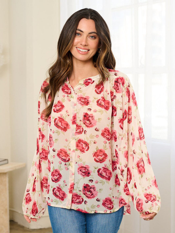 WOMEN'S LONG SLEEVE BUTTON UP FLORAL BLOUSE TOP