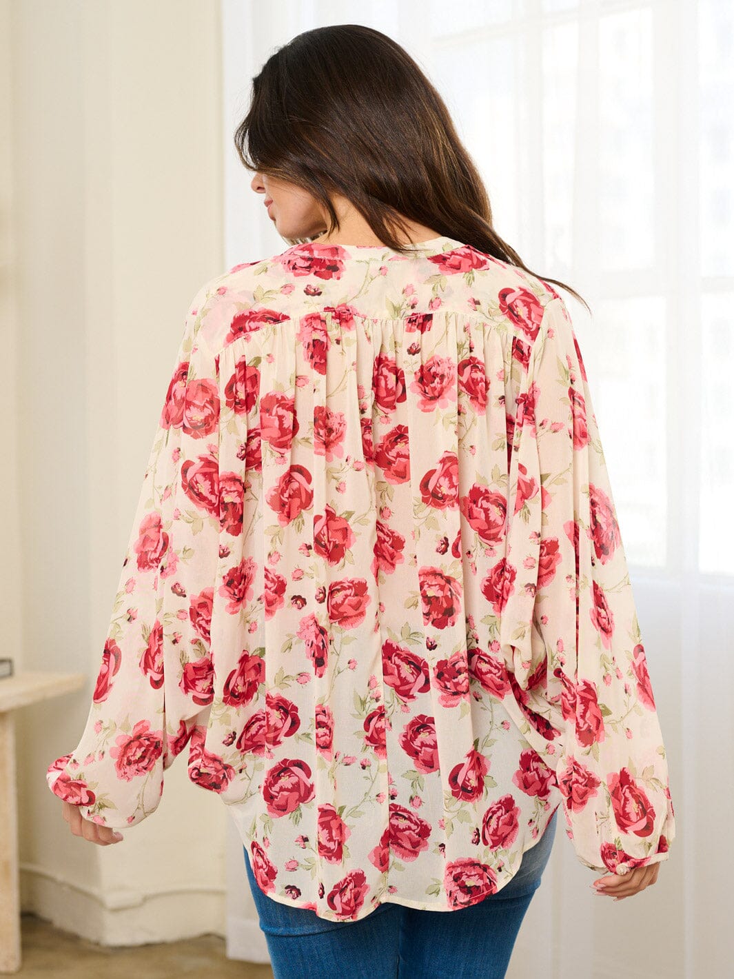 WOMEN'S LONG SLEEVE BUTTON UP FLORAL BLOUSE TOP