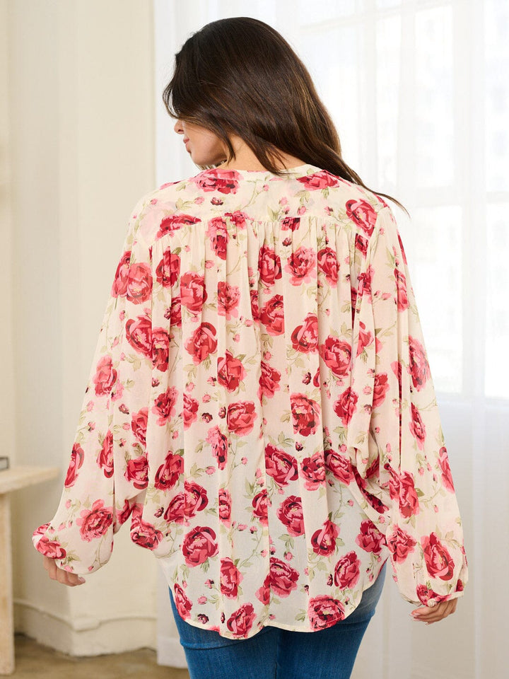 WOMEN'S LONG SLEEVE BUTTON UP FLORAL BLOUSE TOP
