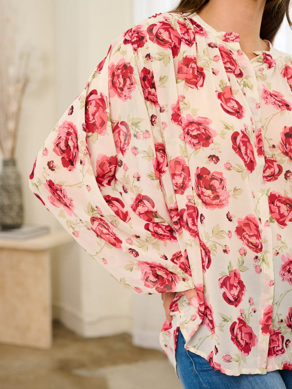 WOMEN'S LONG SLEEVE BUTTON UP FLORAL BLOUSE TOP