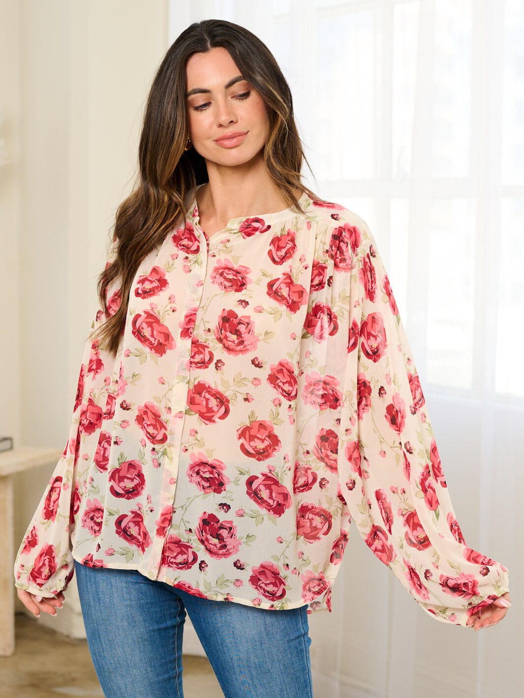 WOMEN'S LONG SLEEVE BUTTON UP FLORAL BLOUSE TOP